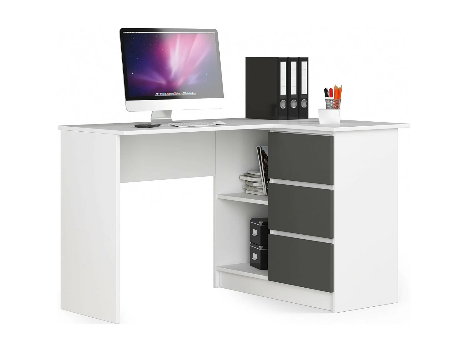 Hoekbureau B16 Rechts Wit/Grijs met Laden en Planken - Modulair Design, 124x77x85 cm, Zelfmontage, Stijlvol en Duurzaam, Voor Thuis of Kantoorgebruik