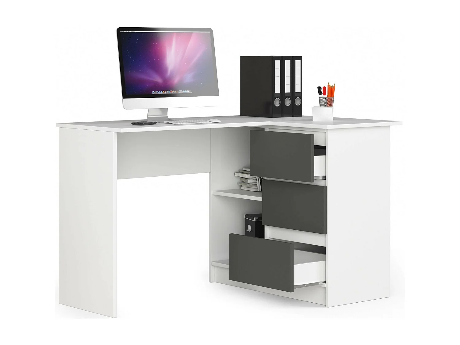 Hoekbureau B16 Rechts Wit/Grijs met Laden en Planken - Modulair Design, 124x77x85 cm, Zelfmontage, Stijlvol en Duurzaam, Voor Thuis of Kantoorgebruik