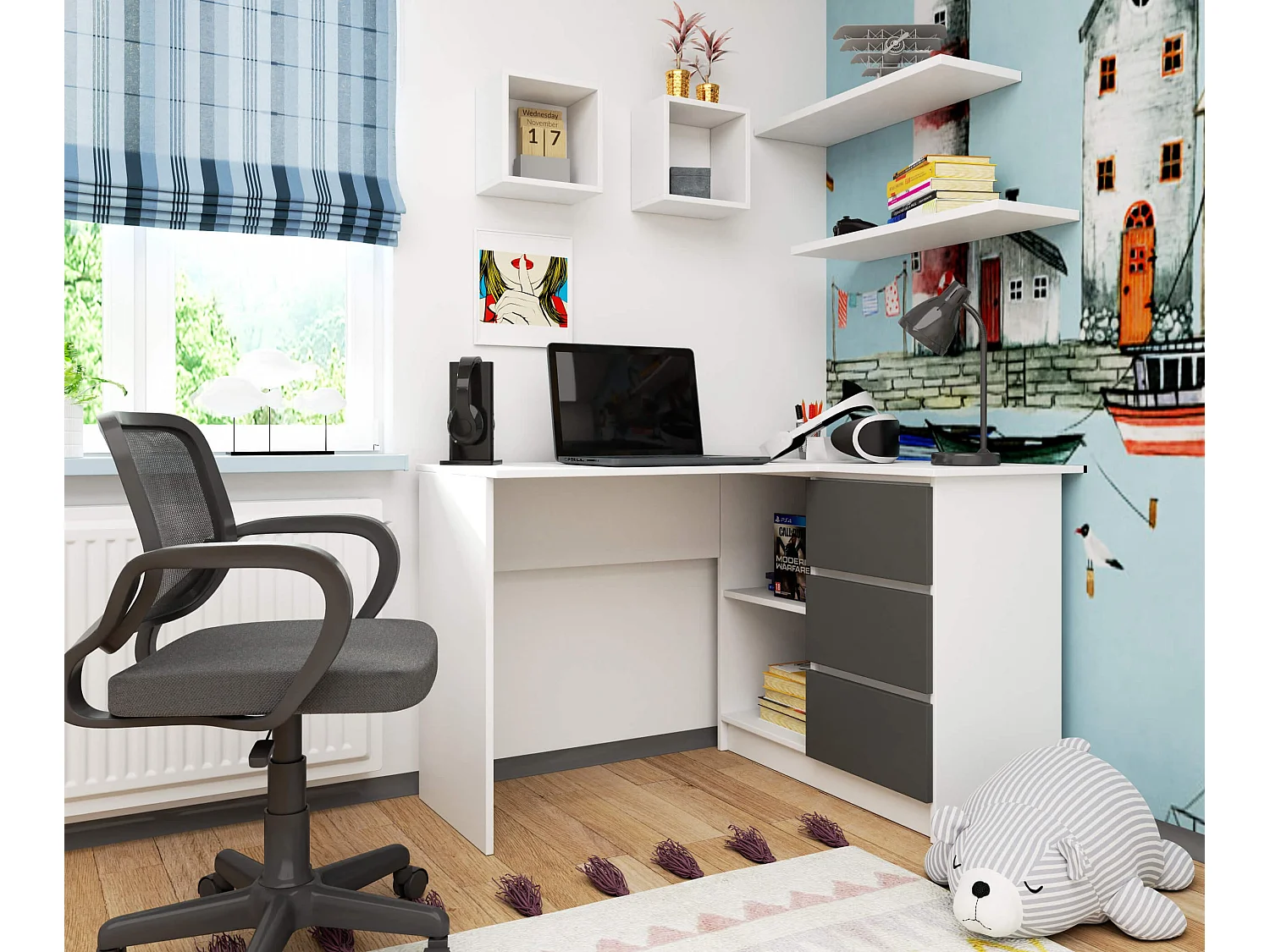 Hoekbureau B16 Rechts Wit/Grijs met Laden en Planken - Modulair Design, 124x77x85 cm, Zelfmontage, Stijlvol en Duurzaam, Voor Thuis of Kantoorgebruik