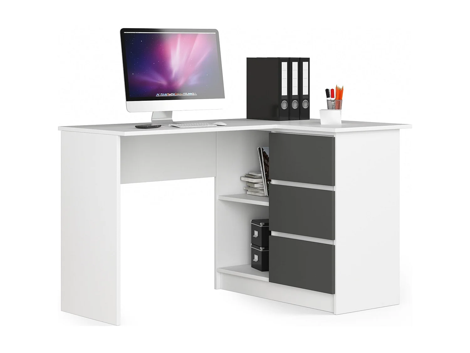 Bureau AKORD d'angle droit B16 Blanc 124 cm 3 tiroirs façade Gris Graphite 2 étagères 124x85x77 cm