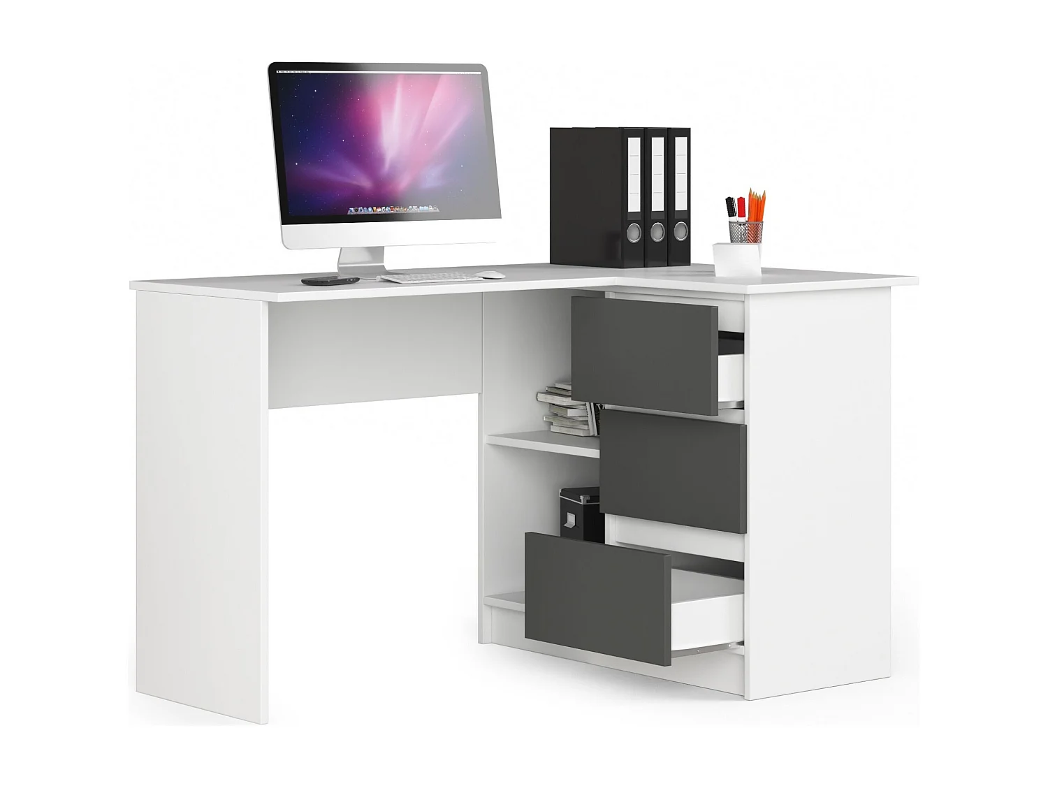 Bureau AKORD d'angle droit B16 Blanc 124 cm 3 tiroirs façade Gris Graphite 2 étagères 124x85x77 cm