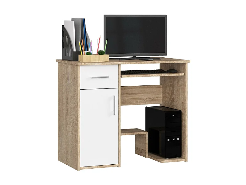 PC-Schreibtisch AKORD JAY in der Farbe Sonoma-Eiche Schublade Front Weiß und 3 Ablagen B90 x H74 x T50 cm