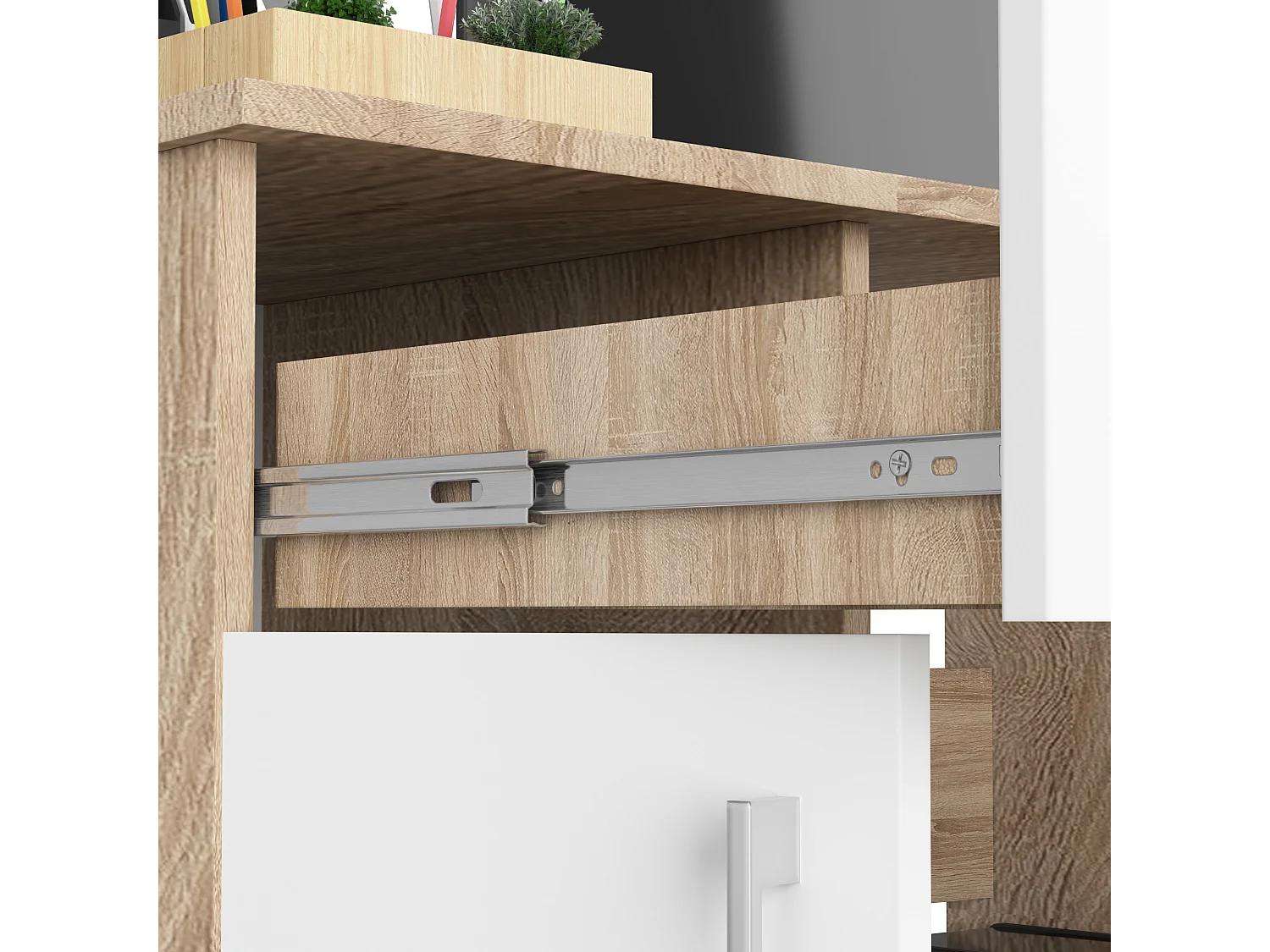 PC-Schreibtisch AKORD JAY in der Farbe Sonoma-Eiche Schublade Front Weiß und 3 Ablagen B90 x H74 x T50 cm