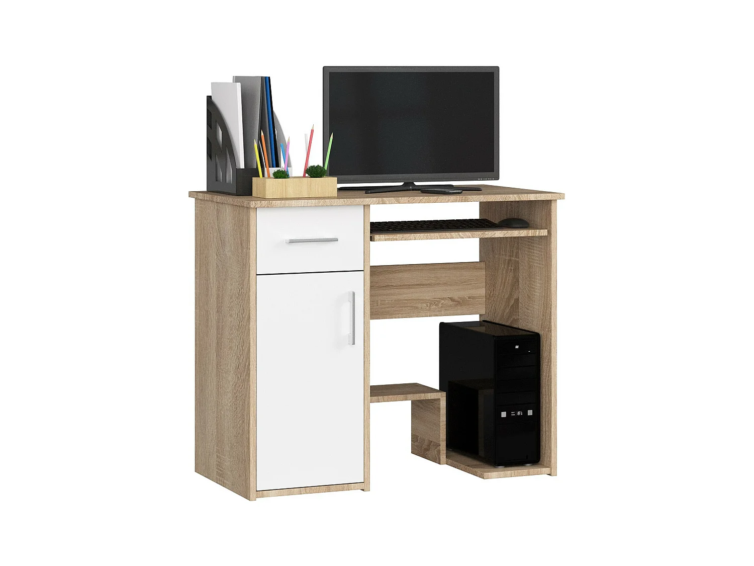 Bureau d'ordinateur AKORD JAY Chêne Sonoma 90 cm 1 porte 1 tiroir façade Blanche 3 étagères 90x50x74 cm