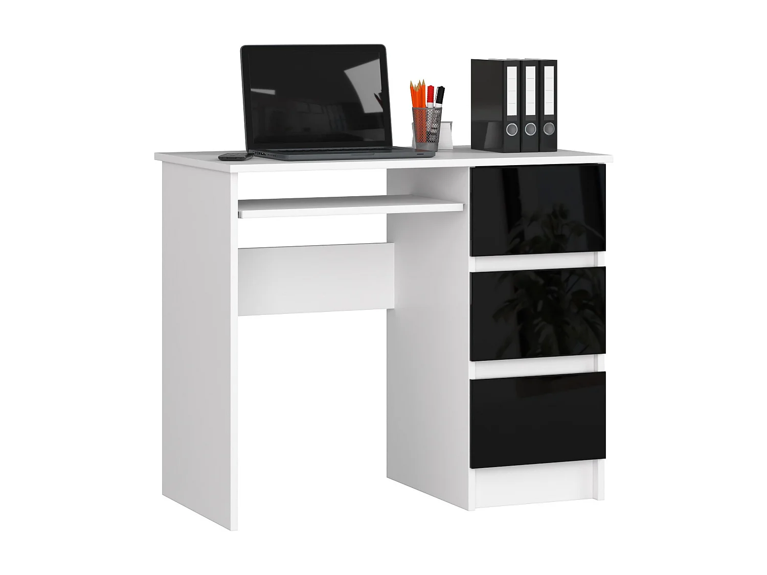 Bureau d'ordinateur AKORD droit A6 Blanc 90 cm 3 tiroirs façade Noir Brillant 1 étagère 90x50x77 cm
