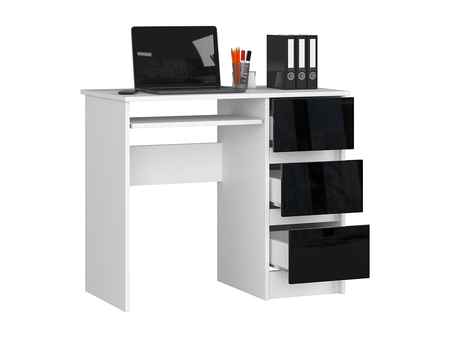 Bureau d'ordinateur AKORD droit A6 Blanc 90 cm 3 tiroirs façade Noir Brillant 1 étagère 90x50x77 cm