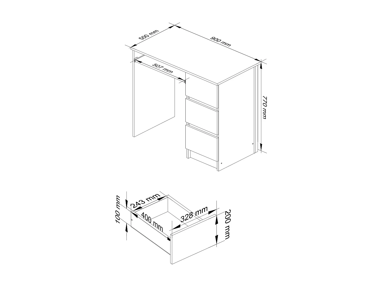 Bureau d'ordinateur AKORD droit A6 Blanc 90 cm 3 tiroirs façade Noir Brillant 1 étagère 90x50x77 cm