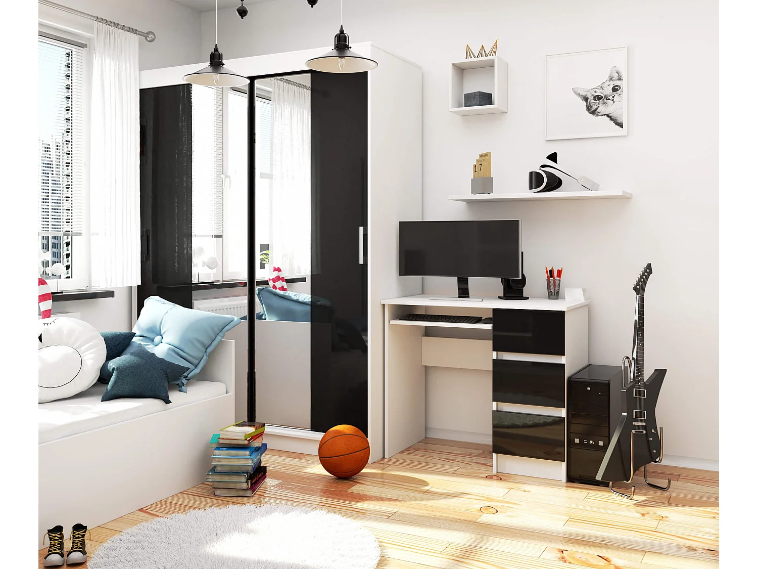 Bureau d'ordinateur AKORD droit A6 Blanc 90 cm 3 tiroirs façade Noir Brillant 1 étagère 90x50x77 cm