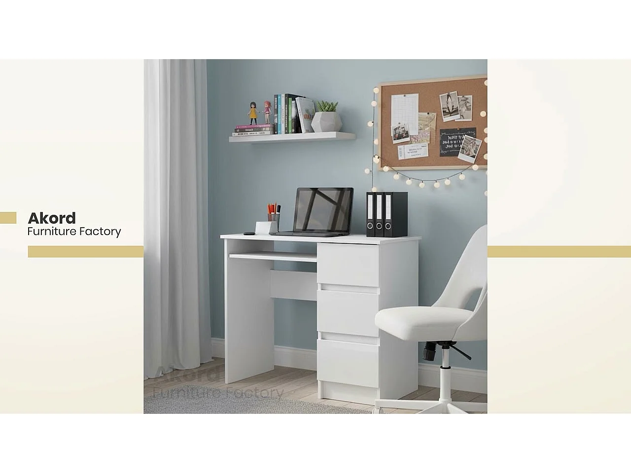 Bureau d'ordinateur AKORD droit A6 Blanc 90 cm 3 tiroirs façade Noir Brillant 1 étagère 90x50x77 cm