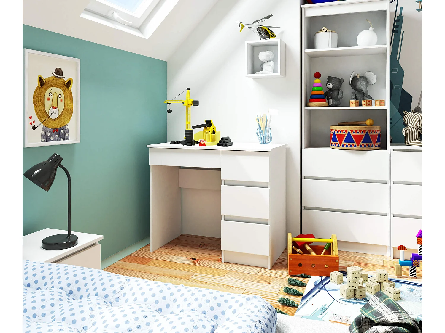 PC-Schreibtisch AKORD A7 rechts in der Farbe Weiß mit 4 Schubladen B90 x H77 x T50 cm