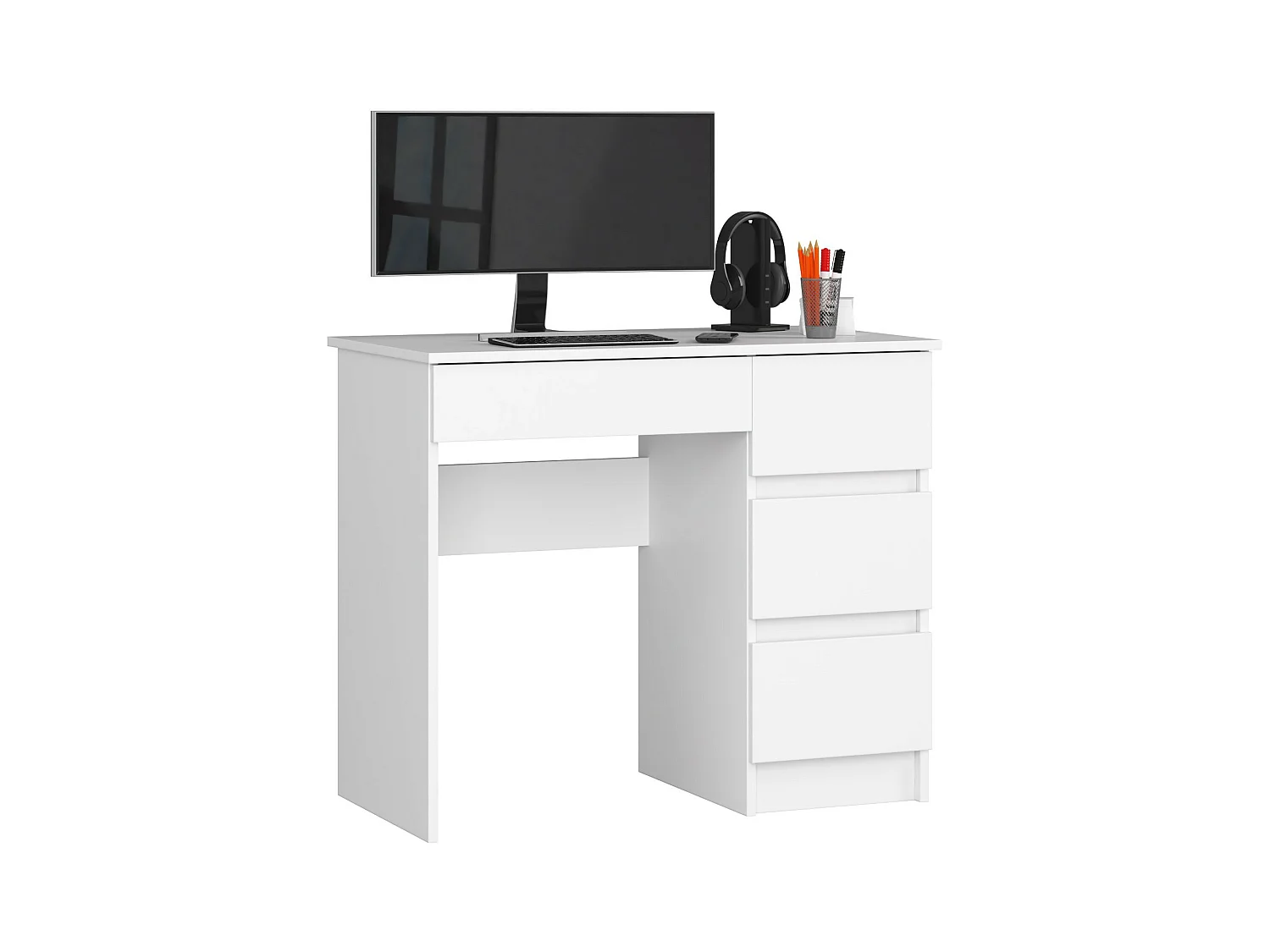 Bureau d'ordinateur AKORD droit A7 Blanc 90 cm 4 tiroirs façade Blanche 90x50x77 cm