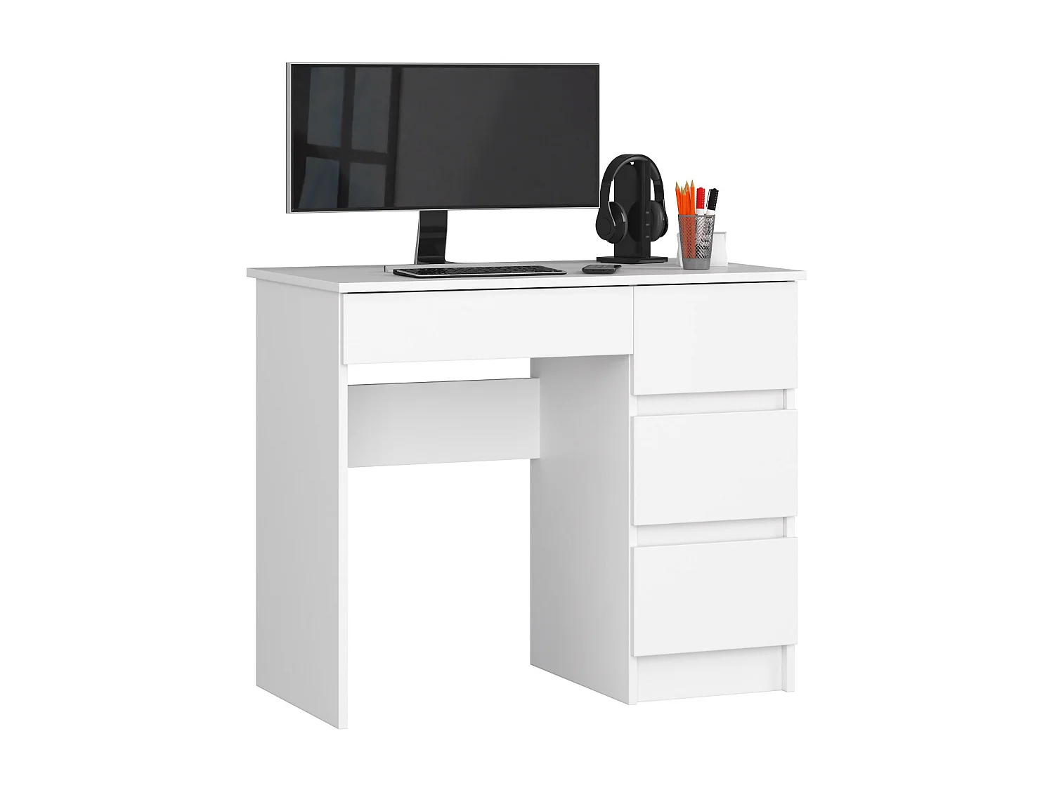 Bureau d'ordinateur AKORD droit A7 Blanc 90 cm 4 tiroirs façade Blanche 90x50x77 cm