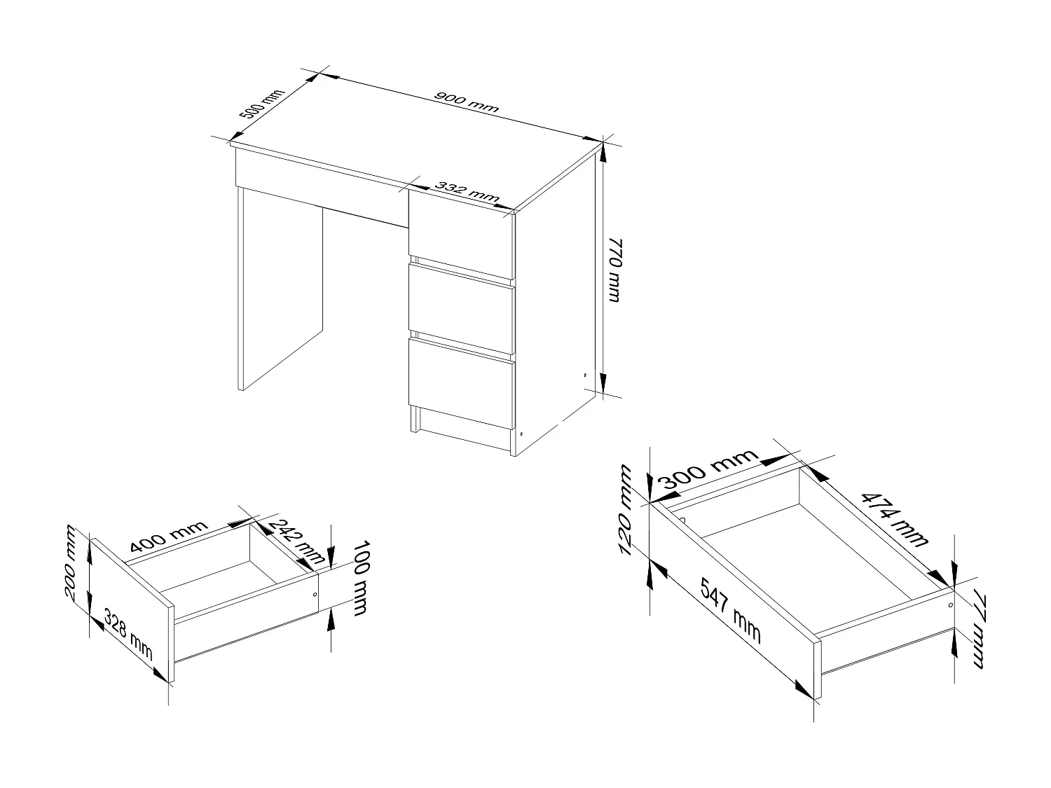 Bureau d'ordinateur AKORD droit A7 Blanc 90 cm 4 tiroirs façade Blanche 90x50x77 cm