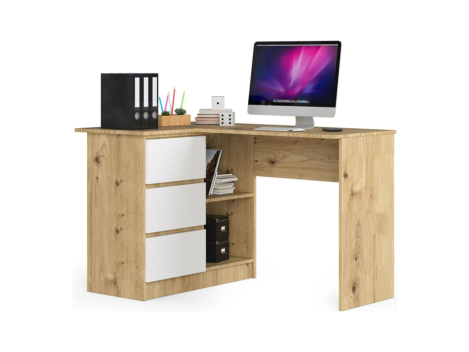 Bureau AKORD d'angle gauche B16 Chêne Artisan 124 cm 3 tiroirs façade Blanche 2 étagères 124x85x77 cm