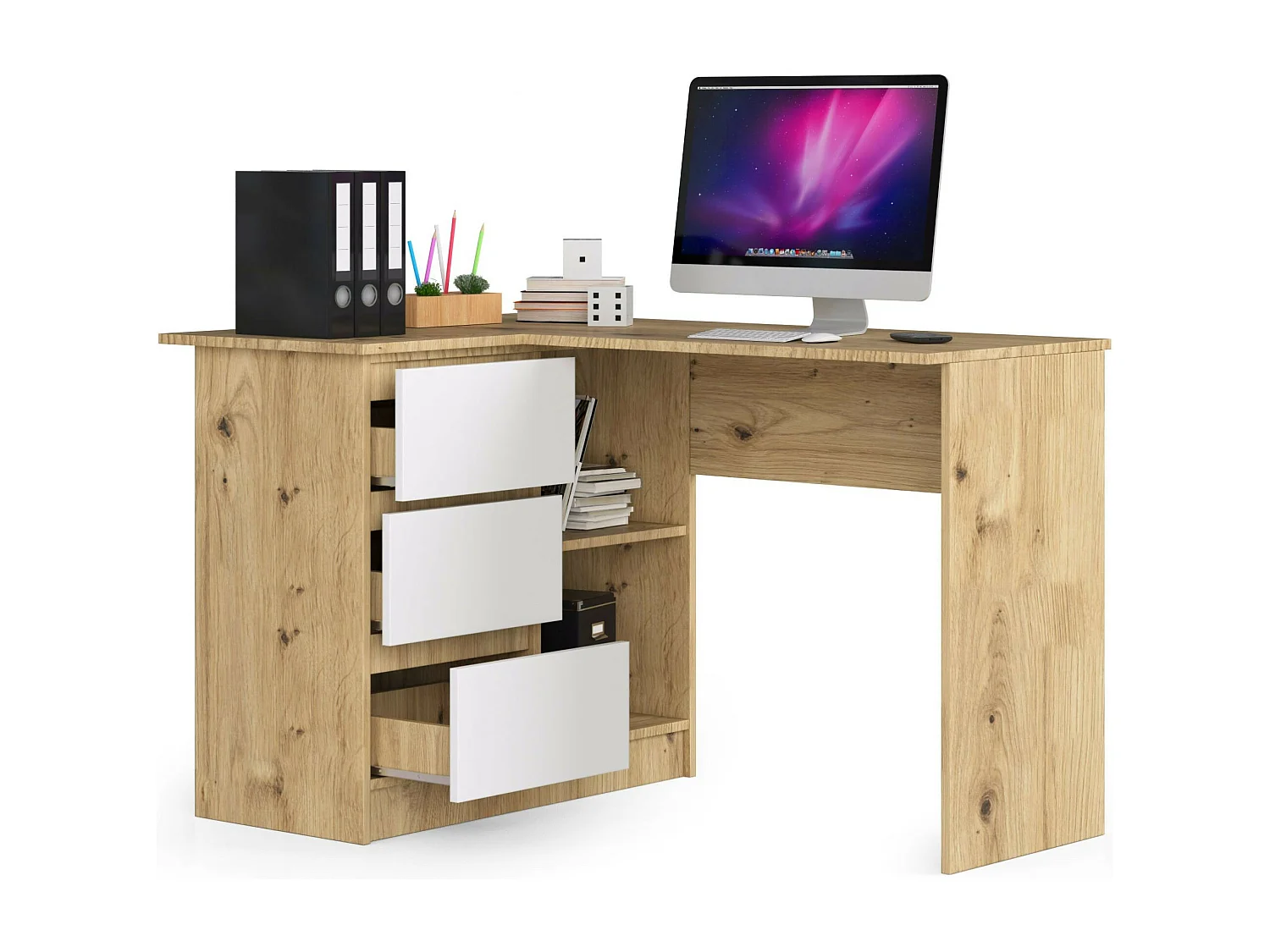 Hoekbureau B16 Links Eiken Artisan/Wit - 124x77x85 cm, Met Ladevergrendeling en Matte Afwerking, Zelfmontage