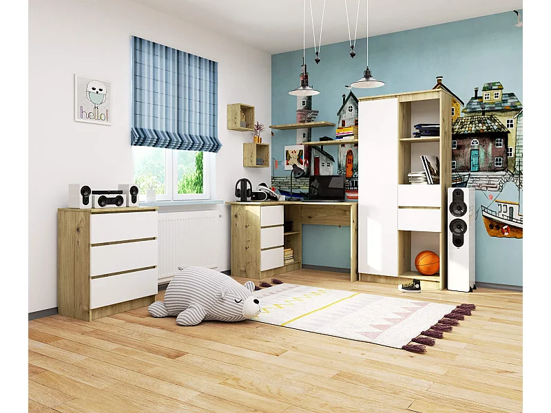 Bureau AKORD d'angle gauche B16 Chêne Artisan 124 cm 3 tiroirs façade Blanche 2 étagères 124x85x77 cm