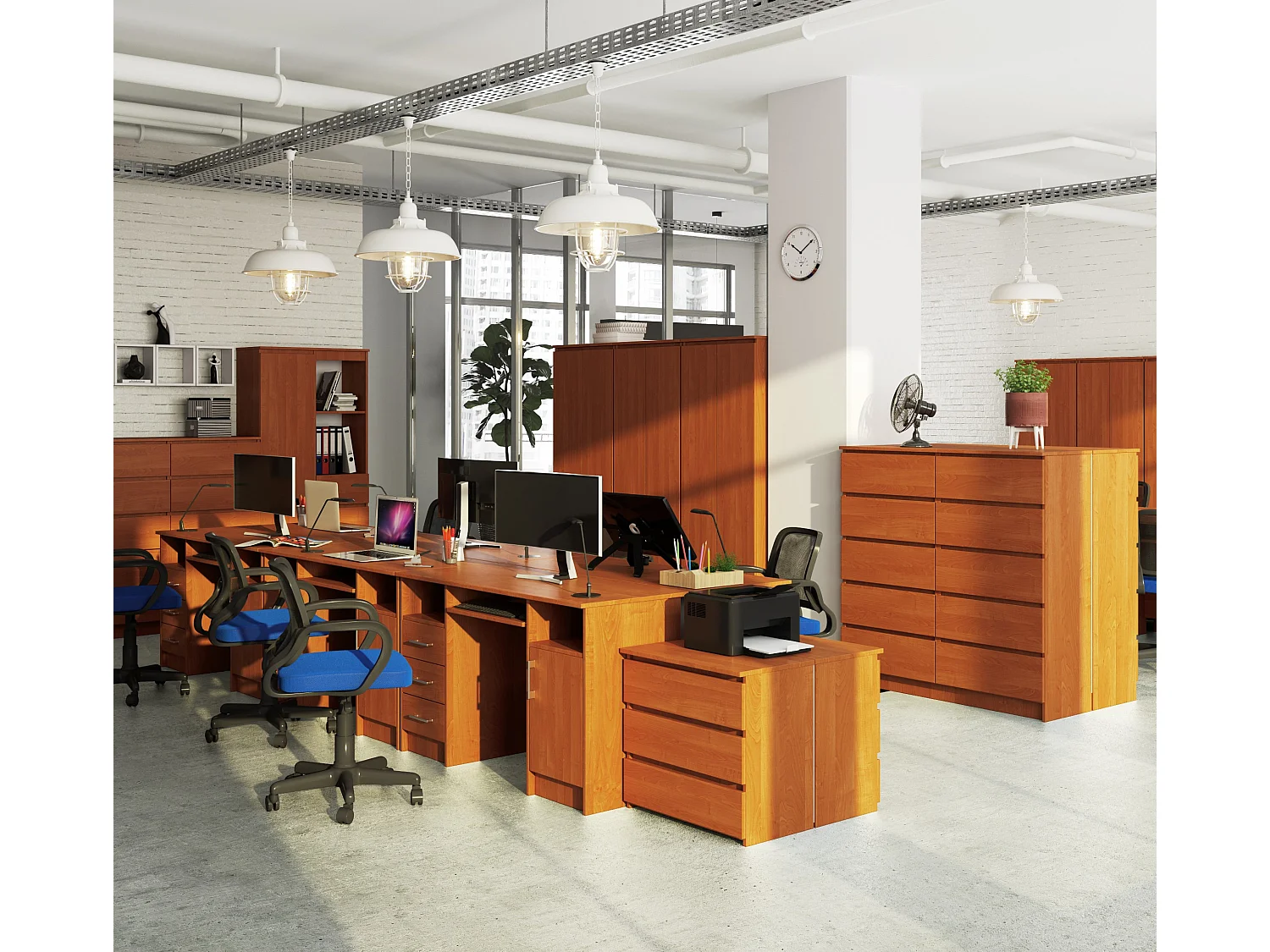 Bureau d'ordinateur AKORD ANA Aulne 124 cm 1 porte 3 tiroirs façade Aulne 5 étagères 124x52x74 cm