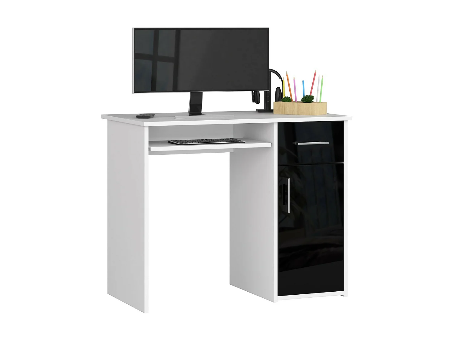 Bureau d'ordinateur AKORD PIN Blanc 90 cm 1 porte 1 tiroir façade Noir Brillant 3 étagères 90x50x74 cm
