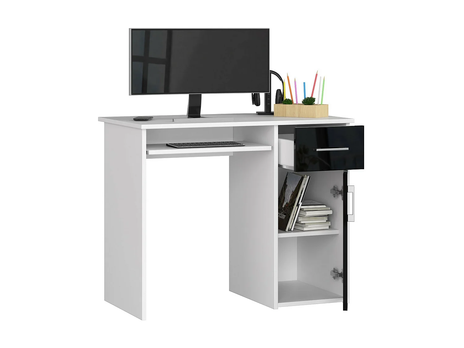 Bureau d'ordinateur AKORD PIN Blanc 90 cm 1 porte 1 tiroir façade Noir Brillant 3 étagères 90x50x74 cm