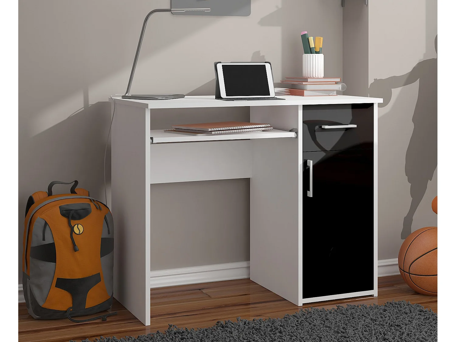 Bureau d'ordinateur AKORD PIN Blanc 90 cm 1 porte 1 tiroir façade Noir Brillant 3 étagères 90x50x74 cm