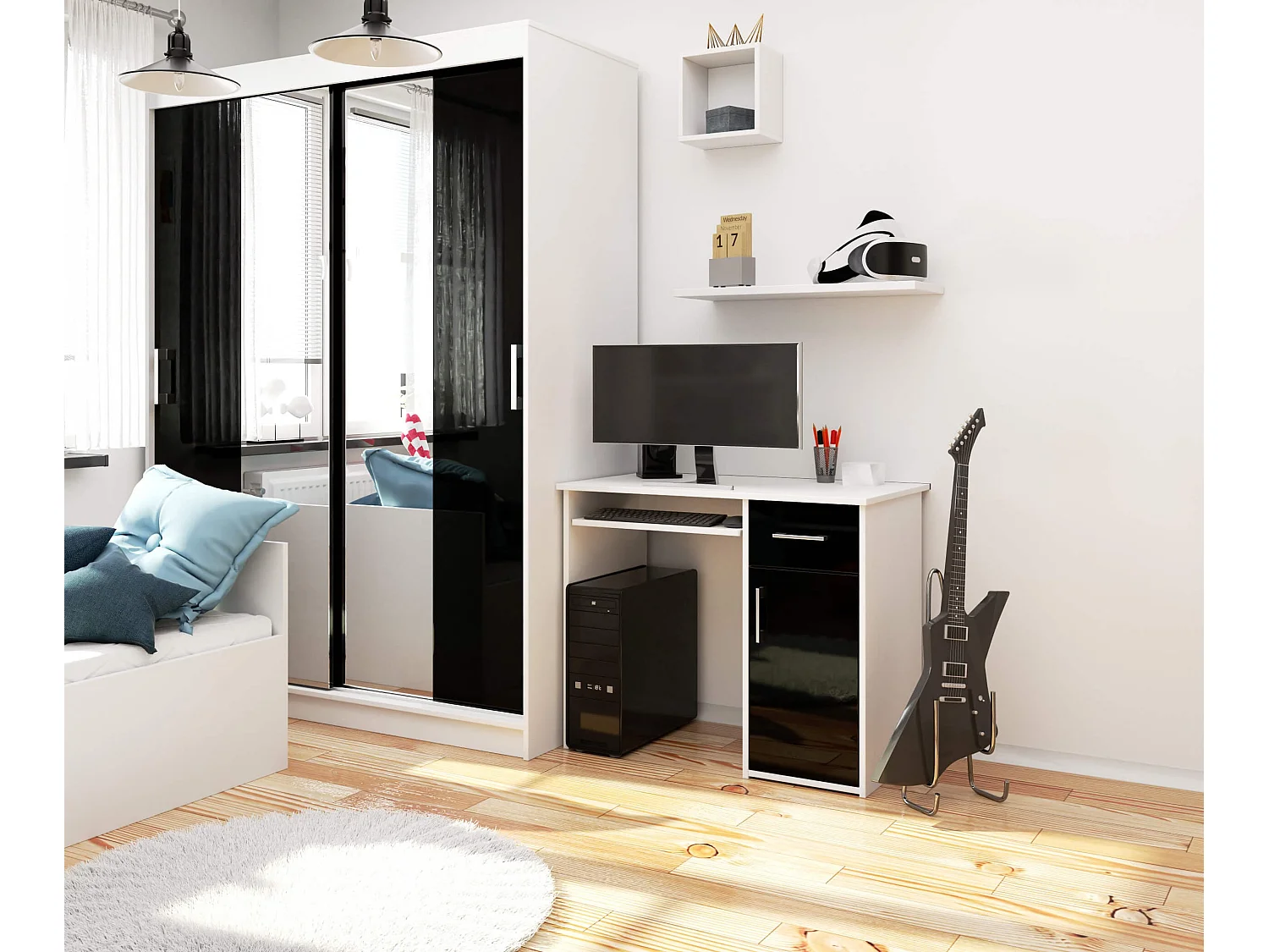 Bureau d'ordinateur AKORD PIN Blanc 90 cm 1 porte 1 tiroir façade Noir Brillant 3 étagères 90x50x74 cm