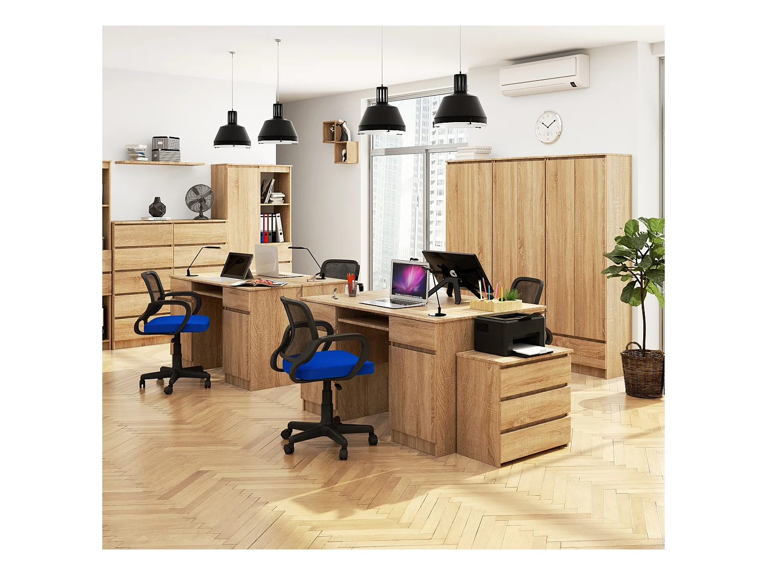 Bureau d'ordinateur AKORD A5 Chêne Sonoma 135 cm 2 portes 2 tiroirs façade Chêne Sonoma 5 étagères 135x50x77 cm