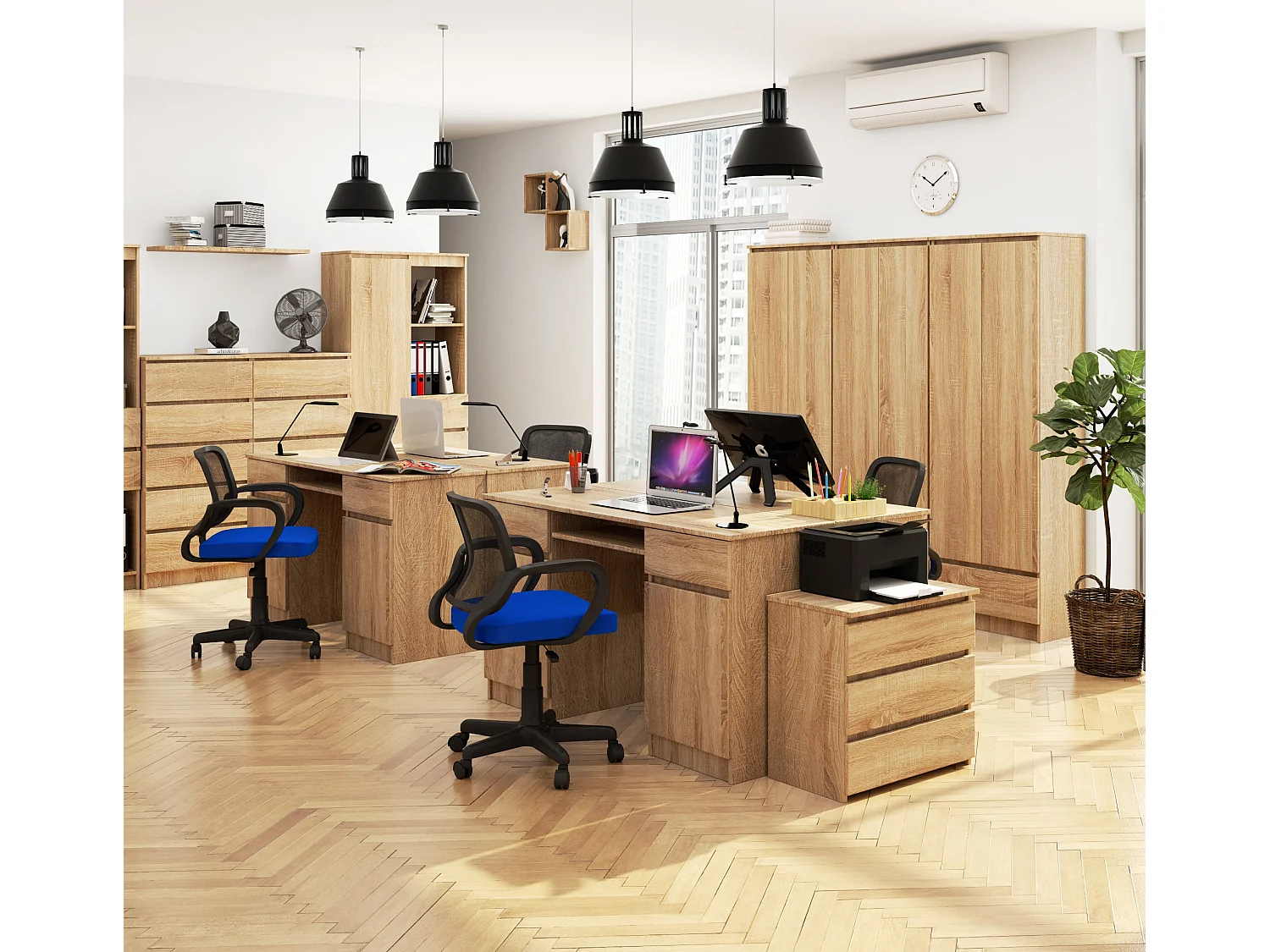 Bureau d'ordinateur AKORD A5 Chêne Sonoma 135 cm 2 portes 2 tiroirs façade Chêne Sonoma 5 étagères 135x50x77 cm