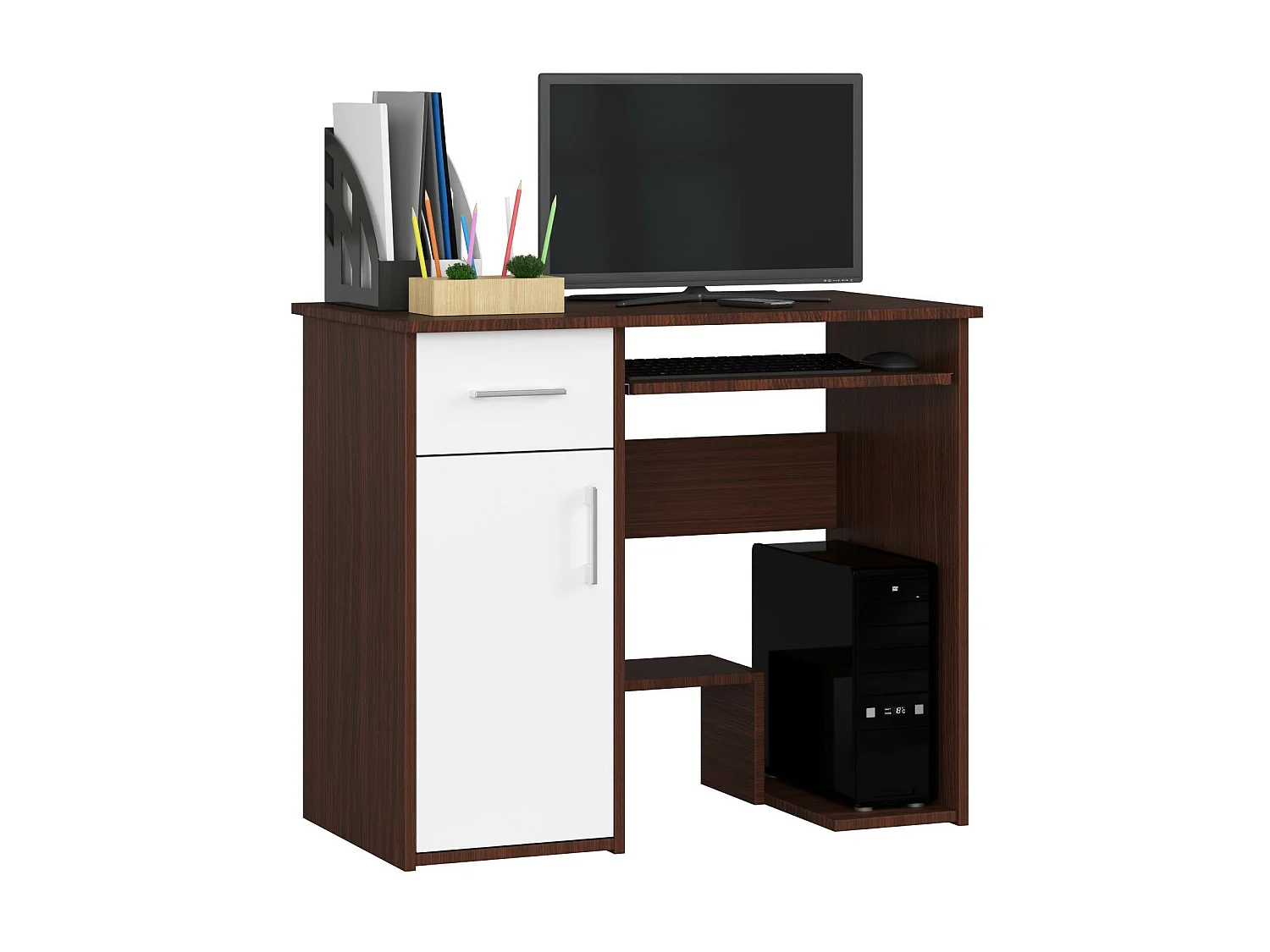 Bureau d'ordinateur AKORD JAY Wengé 90 cm 1 porte 1 tiroir façade Blanche 3 étagères 90x50x74 cm