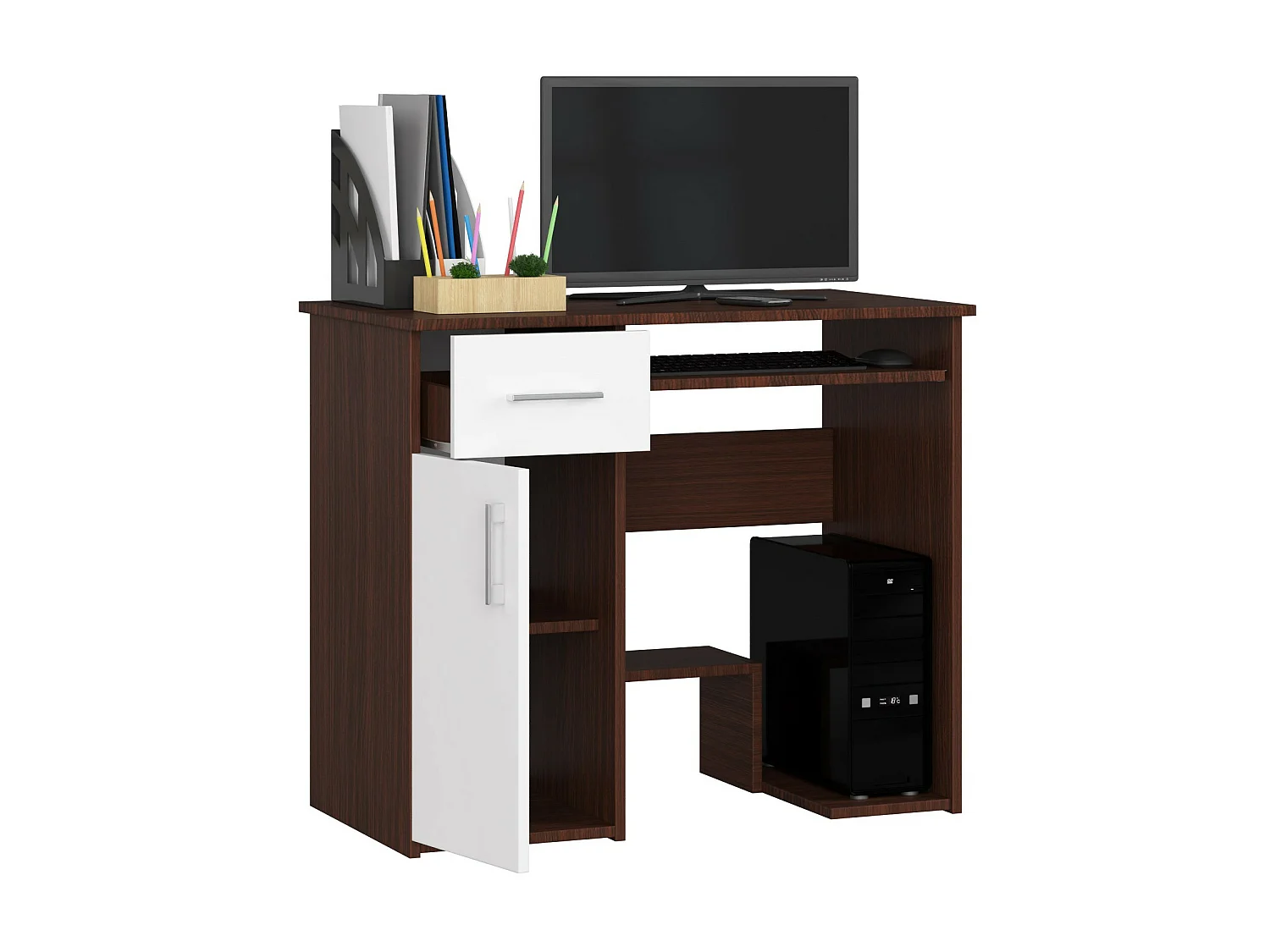 Bureau d'ordinateur AKORD JAY Wengé 90 cm 1 porte 1 tiroir façade Blanche 3 étagères 90x50x74 cm