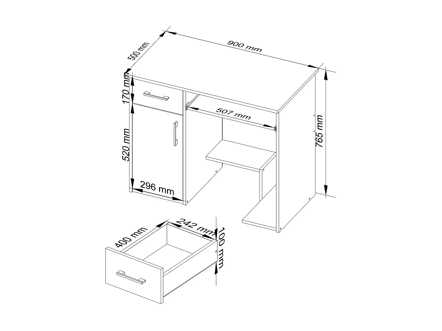 Bureau d'ordinateur AKORD JAY Wengé 90 cm 1 porte 1 tiroir façade Blanche 3 étagères 90x50x74 cm