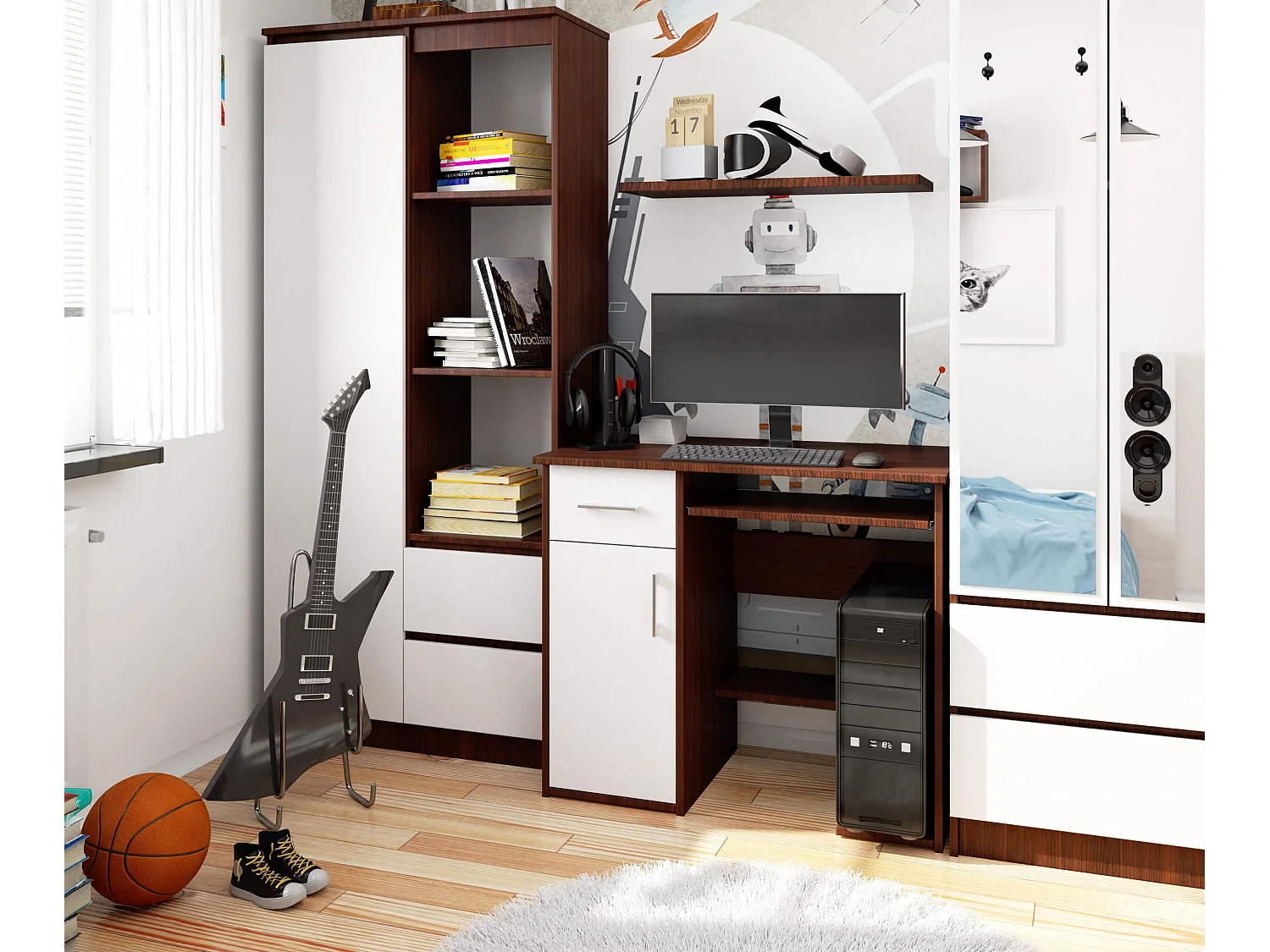 Bureau d'ordinateur AKORD JAY Wengé 90 cm 1 porte 1 tiroir façade Blanche 3 étagères 90x50x74 cm