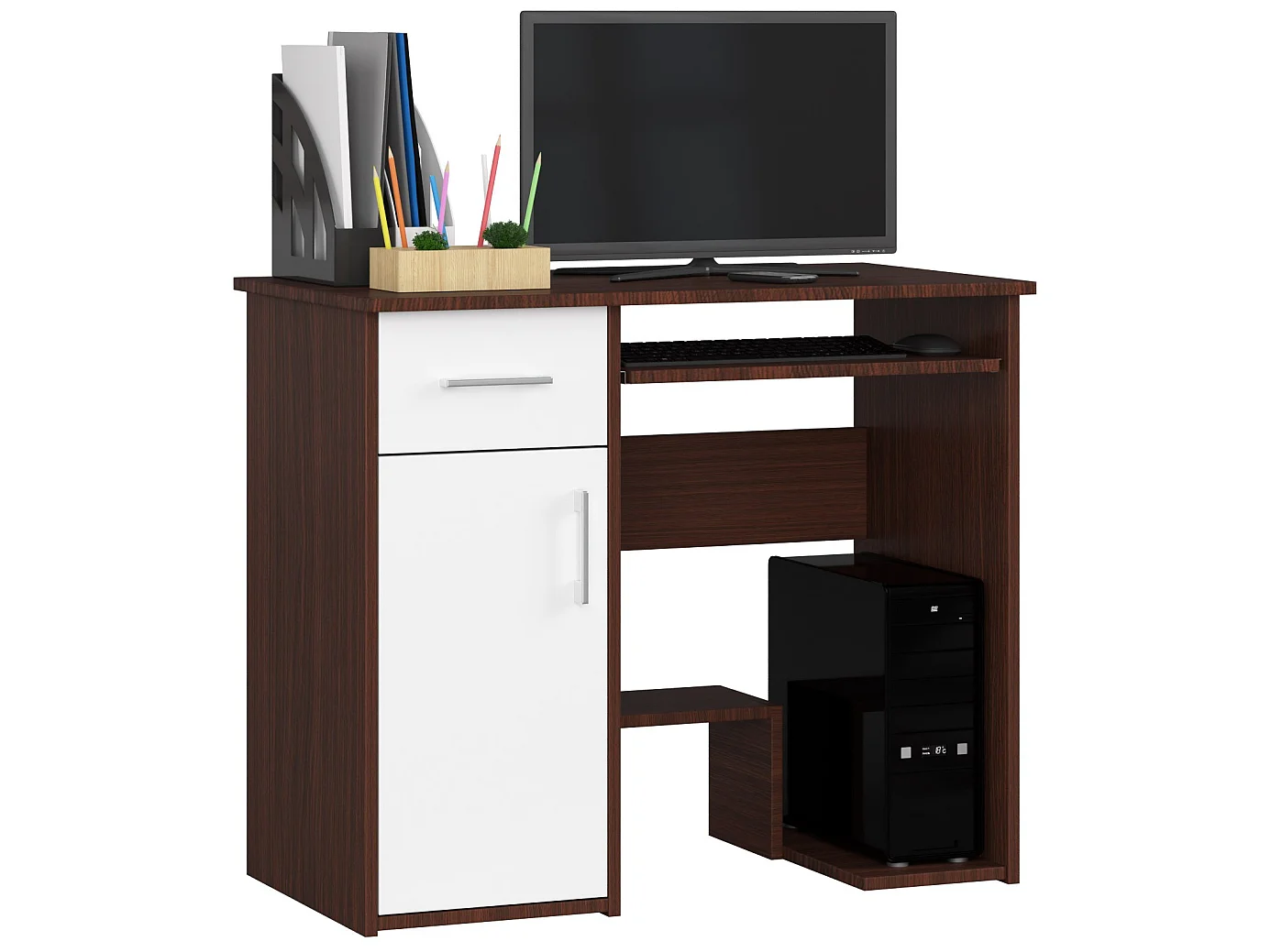 Bureau d'ordinateur AKORD JAY Wengé 90 cm 1 porte 1 tiroir façade Blanche 3 étagères 90x50x74 cm