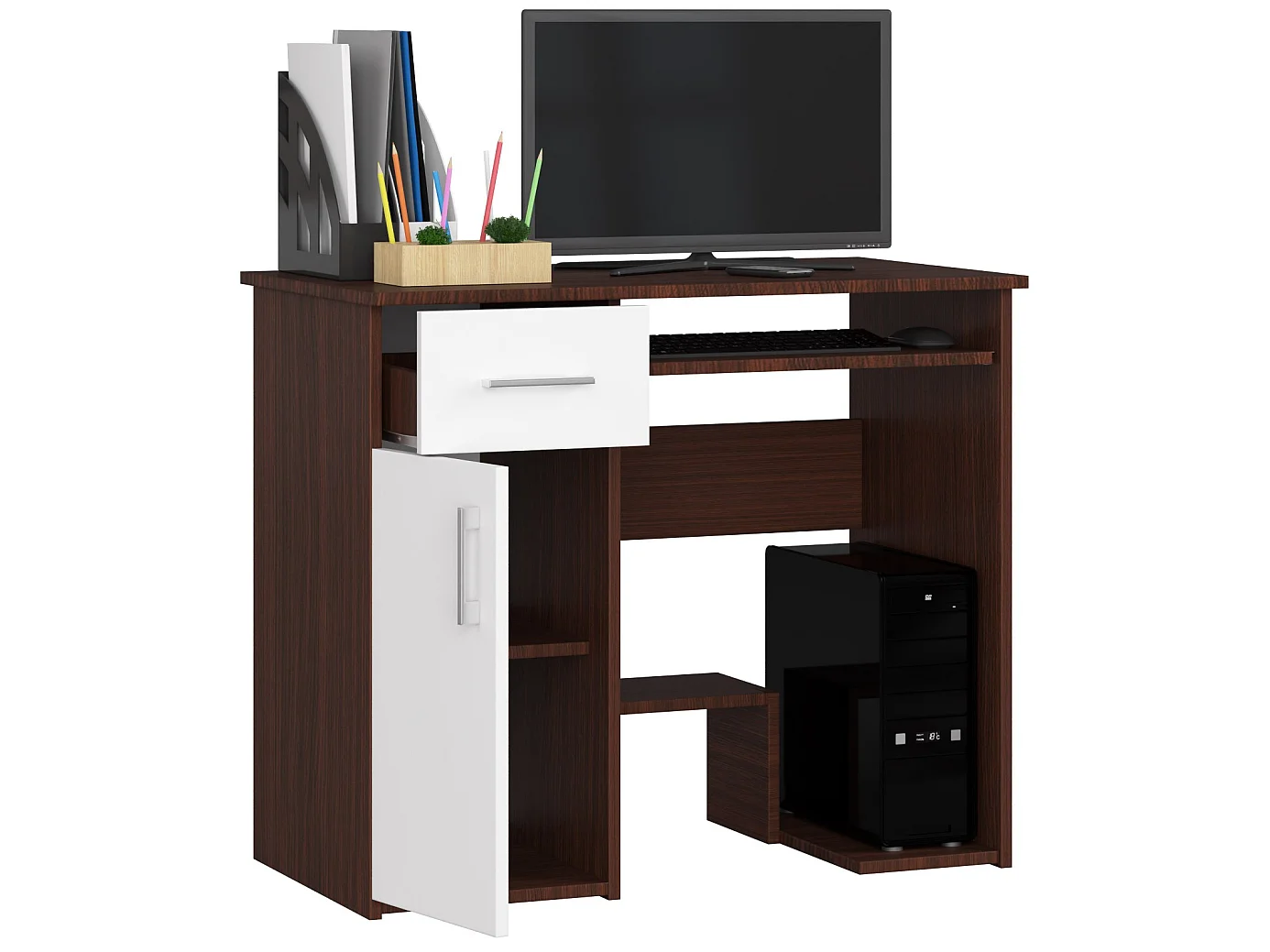 Bureau d'ordinateur AKORD JAY Wengé 90 cm 1 porte 1 tiroir façade Blanche 3 étagères 90x50x74 cm