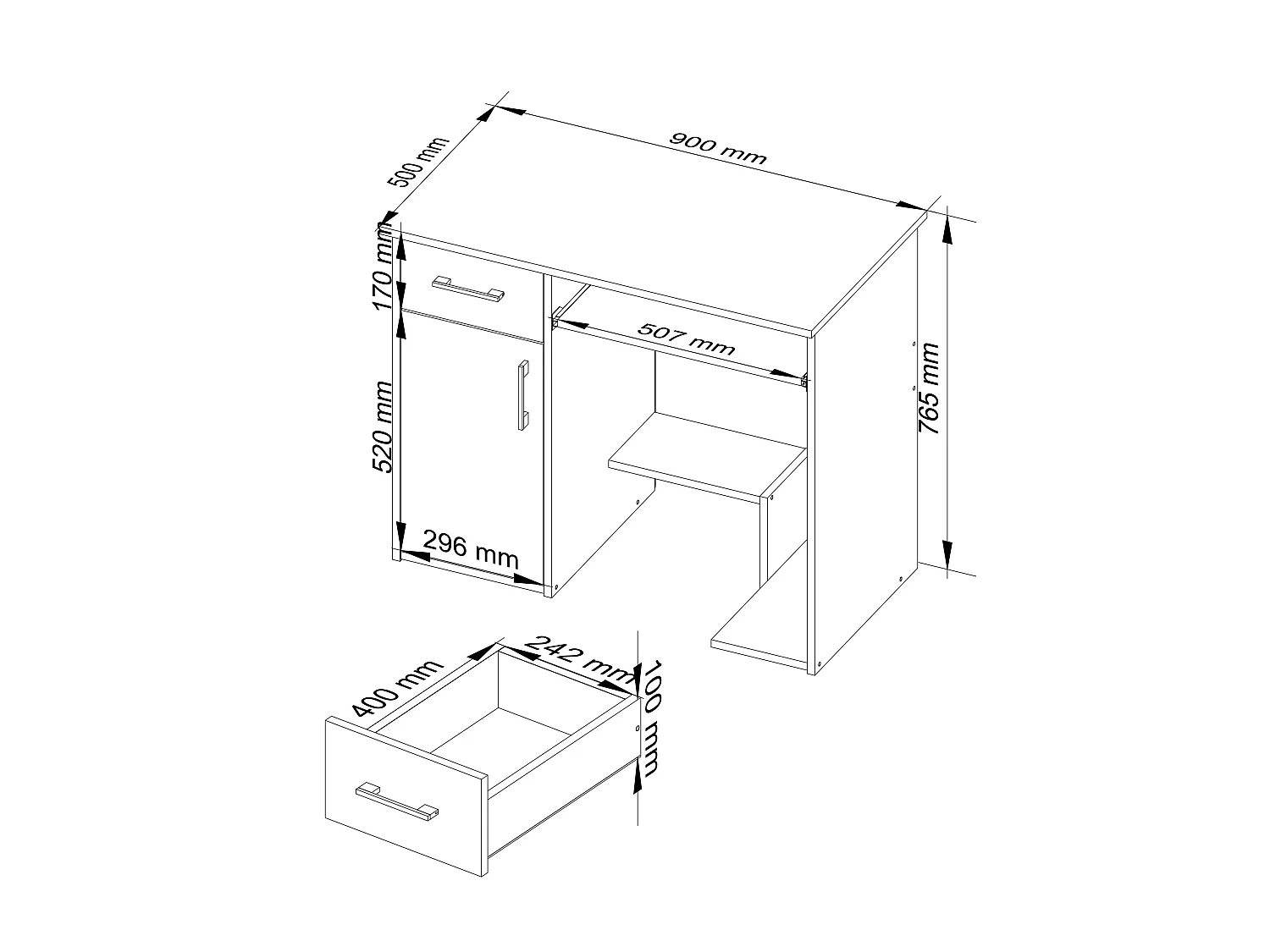 Bureau d'ordinateur AKORD JAY Wengé 90 cm 1 porte 1 tiroir façade Blanche 3 étagères 90x50x74 cm
