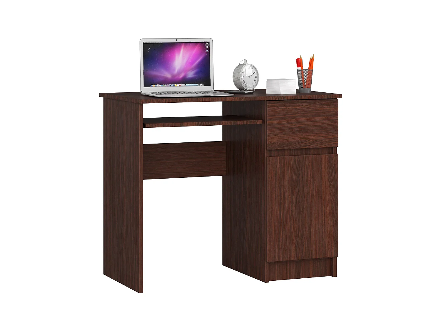 Bureau d'ordinateur AKORD droit PIKSEL Wengé 90 cm 1 porte 1 tiroir façade Wengé 3 étagères 90x50x77 cm
