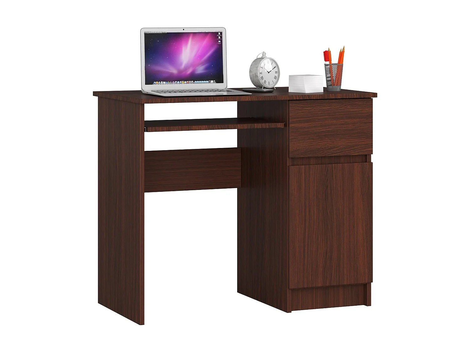 Bureau d'ordinateur AKORD droit PIKSEL Wengé 90 cm 1 porte 1 tiroir façade Wengé 3 étagères 90x50x77 cm