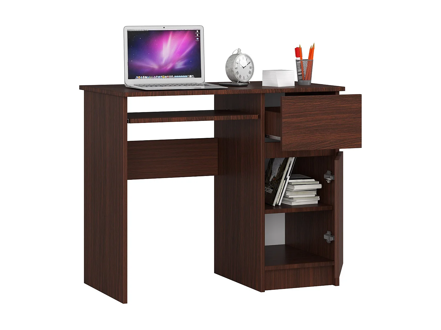Bureau d'ordinateur AKORD droit PIKSEL Wengé 90 cm 1 porte 1 tiroir façade Wengé 3 étagères 90x50x77 cm
