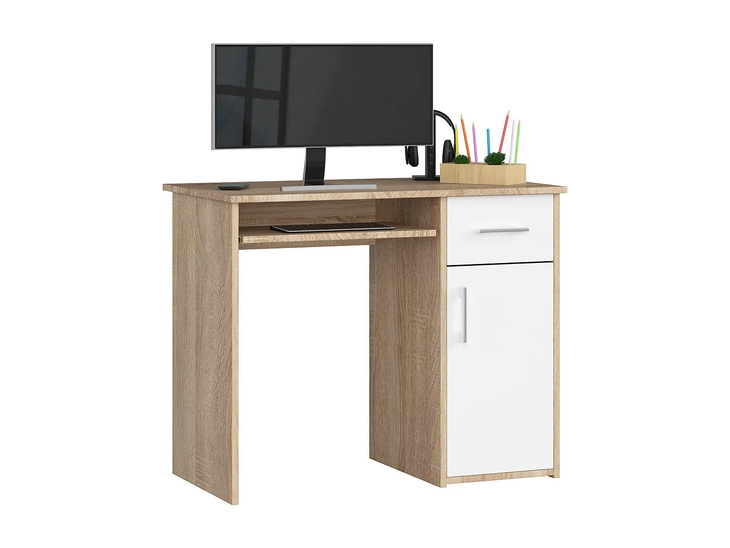 Klassiek Bureau met Klavierlade in Eiken Sonoma/Wit - 90 cm Breed, 1 Lade, Zelfmontage