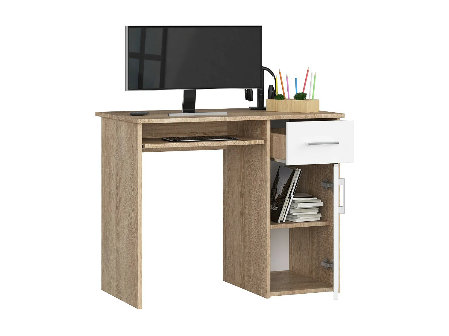 Klassiek Bureau met Klavierlade in Eiken Sonoma/Wit - 90 cm Breed, 1 Lade, Zelfmontage