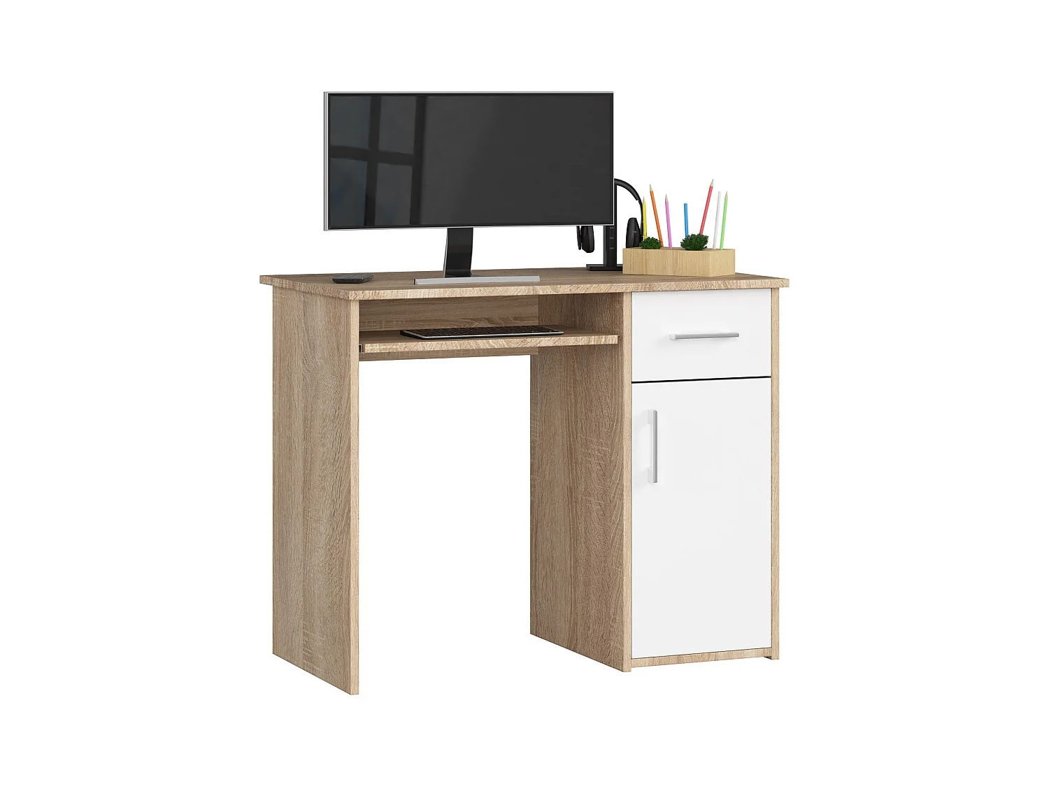 Bureau d'ordinateur AKORD PIN Chêne Sonoma 90 cm 1 porte 1 tiroir façade Blanche 3 étagères 90x50x74 cm