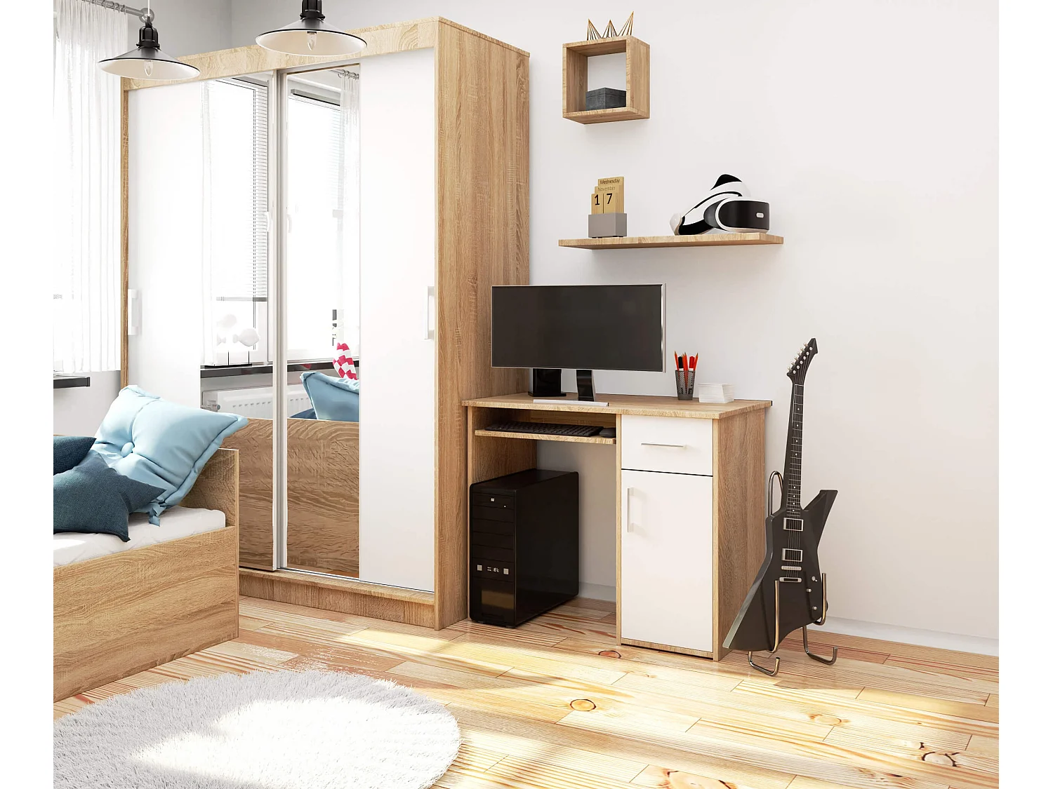 Klassiek Bureau met Klavierlade in Eiken Sonoma/Wit - 90 cm Breed, 1 Lade, Zelfmontage