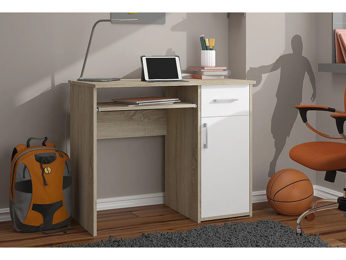 Klassiek Bureau met Klavierlade in Eiken Sonoma/Wit - 90 cm Breed, 1 Lade, Zelfmontage