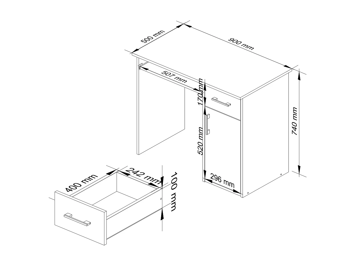 Klassiek Bureau met Klavierlade in Eiken Sonoma/Wit - 90 cm Breed, 1 Lade, Zelfmontage