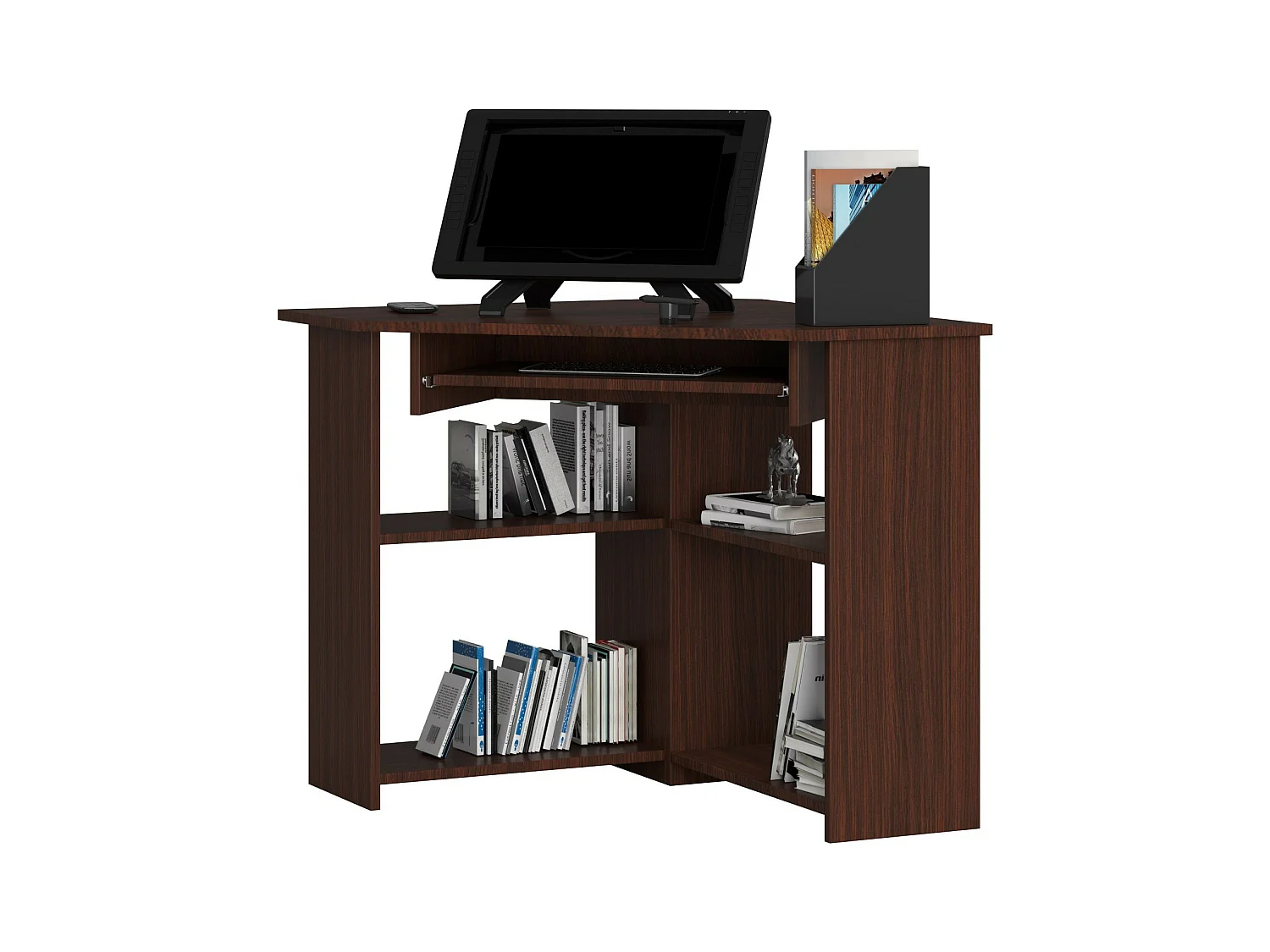 Bureau d'ordinateur AKORD d'angle TED Wengé 80 cm façade Wengé 5 étagères 80x80x74 cm