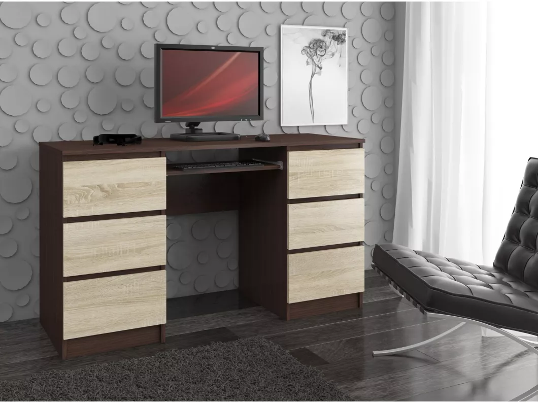 Kauf Unique PC-Schreibtisch AKORD A11 in der Farbe Wenge mit 6 Schubladen Front Sonoma-Eiche B135 x H77 x T50 cm