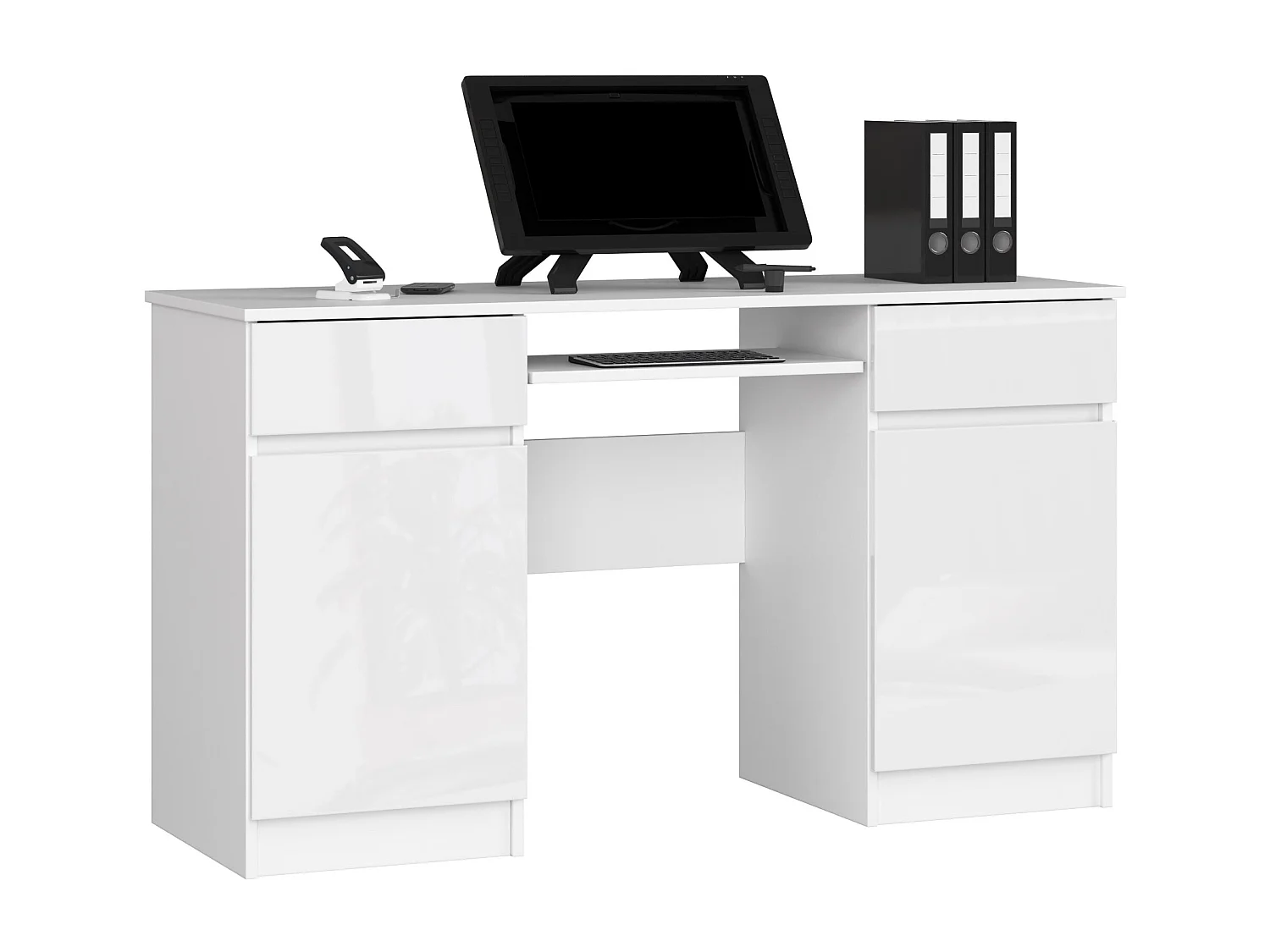Bureau d'ordinateur AKORD A5 Blanc 135 cm 2 portes 2 tiroirs façade Blanche Brillante 5 étagères 135x50x77 cm
