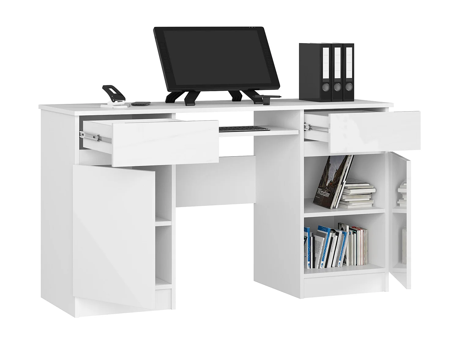 Bureau d'ordinateur AKORD A5 Blanc 135 cm 2 portes 2 tiroirs façade Blanche Brillante 5 étagères 135x50x77 cm