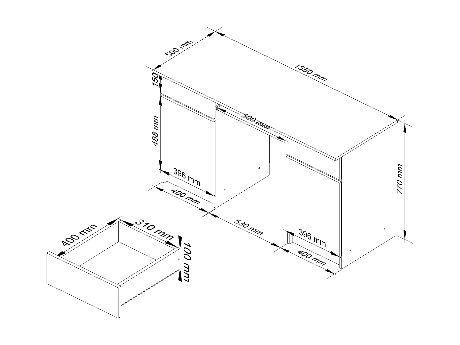 Bureau d'ordinateur AKORD A5 Blanc 135 cm 2 portes 2 tiroirs façade Blanche Brillante 5 étagères 135x50x77 cm