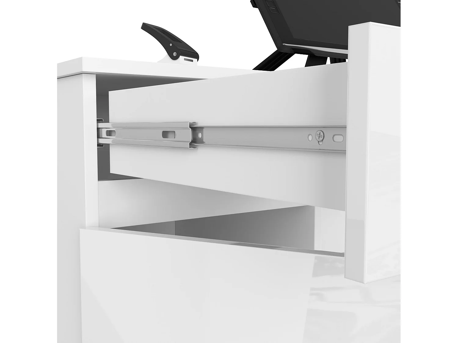 Bureau d'ordinateur AKORD A5 Blanc 135 cm 2 portes 2 tiroirs façade Blanche Brillante 5 étagères 135x50x77 cm
