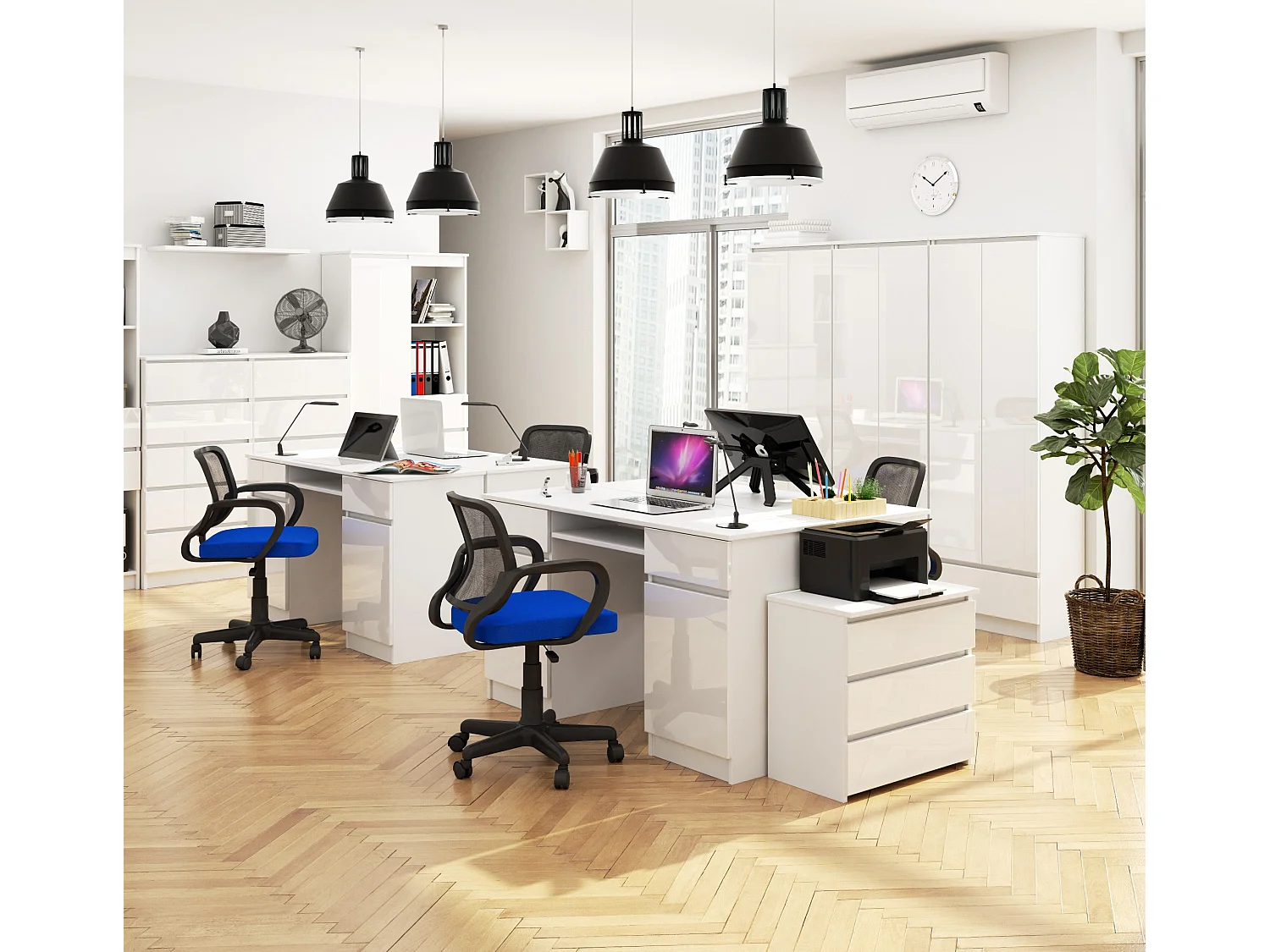 Bureau d'ordinateur AKORD A5 Blanc 135 cm 2 portes 2 tiroirs façade Blanche Brillante 5 étagères 135x50x77 cm